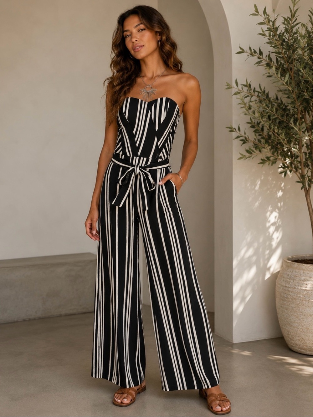H&M Strapless Black & White Striped Jumpsuit Wide Leg Belted